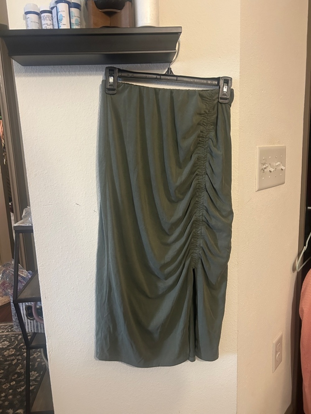 Green Envelope Olive Green Ruched Midi Skirt